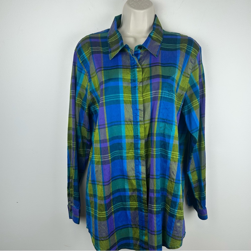 Vintage Cheryl Nash 100% Silk Peacock Plaid Button Down Shirt L Preppy Holiday
